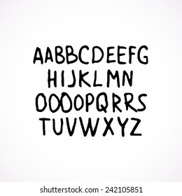 Hand drawn with black marker and paint grunge sans serif font. Vector custom doodle typeface with capital and uppercase letters