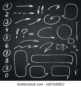 Hand drawn black marker set of numbers and punctuation, along with a few doodles: arrows, circles and other symbols. Messy and quick handwriting.