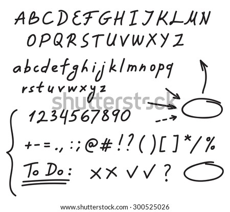 Hand drawn black marker set of alphabet letters, numbers and punctuation, along with a few doodles: arrows, circles and other symbols. Messy and quick handwriting.