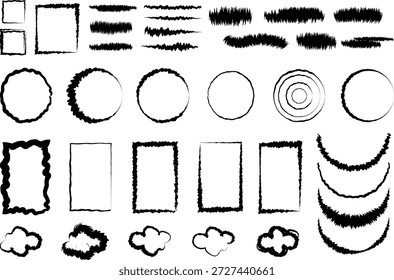 Traçados de marcador preto desenhados à mão, linhas de rabisco, círculos e elementos de vetor de quadros. Perfeito para destaques, sublinhados, cartazes, apresentações, mídias sociais e projetos de design criativo.