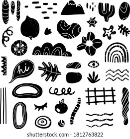 Hand drawn black monochrome abstract doodle shapes and objects. Contemporary art with trendy elements in modern freehand style