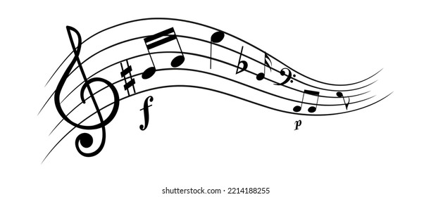 Hand drawn black music staff and various notes wave design isolated on white background. Vector illustration element isolated for sound, song, presentation, banner, poster, audio, cover, card design