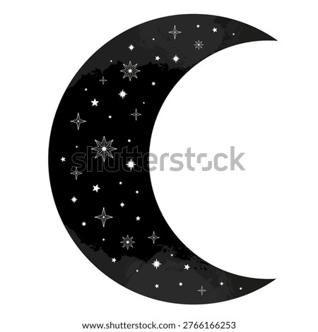 Hand drawn black mystical crescent Moon with cloud, stars inside. Spiritual celestial space, astrology sign, astronomy symbol. Magic talisman, antique style. Vector illustration on white background