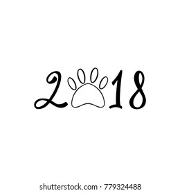 Hand drawn black number 2018 with dog's paw. Illustration for design of greeting New Year cards and ornaments. Vector illustration.