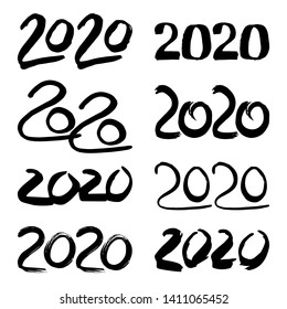 Hand drawn black number text 2020 year vector lettering calligraphy. Happy New Year greeting template isolated on white background set.