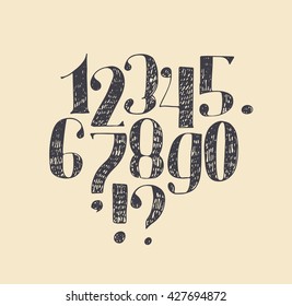 Hand drawn black numbers from 0 to 9 and punctuation marks with serif and hatch. Isolated on beige background sequence, made in freehand design, with nib and hatch. Vector branding illustration.