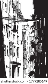 Hand drawn black on white catalan street. Vector Illustration.