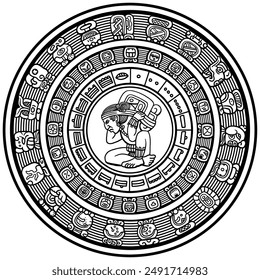 Hand drawn black on white Mayan calendar, vector illustration. cool for t-shirt, emblems, patch, sticker, etc