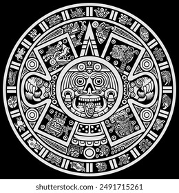 Hand drawn black on white Mayan calendar, vector illustration. cool for t-shirt, emblems, patch, sticker, etc