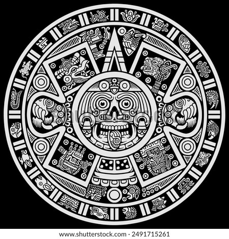 Hand drawn black on white Mayan calendar, vector illustration. cool for t-shirt, emblems, patch, sticker, etc