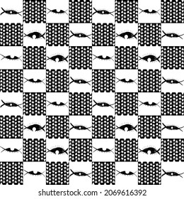 hand drawn black open eye wink and lash sketch on checkered texture line seamless pattern with minimal simple white triangle art. 80s pop vector illustration for print design or magical board game.