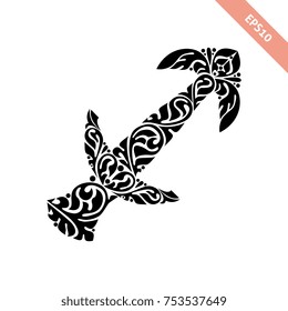 Hand drawn black ornate horoscope symbol - Sagittarius. Zodiac icon.