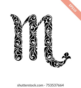 Hand drawn black ornate horoscope symbol - Scorpio. Zodiac icon.