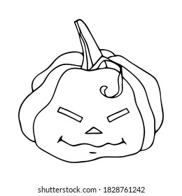 Hand drawn black outline childish cartoon character pumpkin for halloween celebration, postcard, decoration, sticky notes, ad, graphic design. Cute mischevious vegetable vector illustration. 
