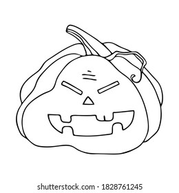 Hand drawn black outline childish cartoon character pumpkin for halloween celebration, postcard, decoration, sticky notes, ad, graphic design. Cute mischevious vegetable vector illustration. 