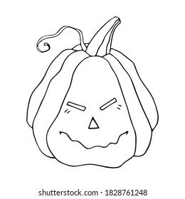 Hand drawn black outline childish cartoon character pumpkin for halloween celebration, postcard, decoration, sticky notes, ad, graphic design. Cute mischevious vegetable vector illustration. 