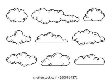 Hand drawn black outline cloud icons – doodle weather vector set