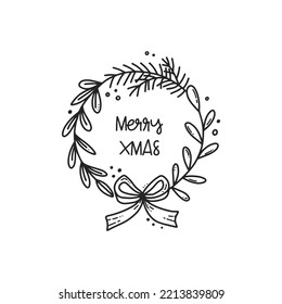 Hand drawn black outline composition of Christmas greeting card with Xmas wreath, gift bow, lettering quote and decorations. Doodle vector winter illustration. New Year. Line art.