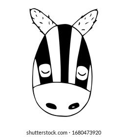 Hand drawn black outline cute zebra sketch isolated on a white background