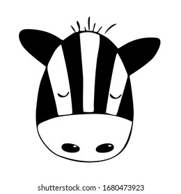 Hand drawn black outline cute zebra sketch isolated on a white background