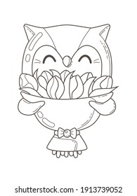 Hand drawn black outline cute little owl holding wrapped bouquet of flowers. Vector monochrome illustration for post card, poster, coloring book.