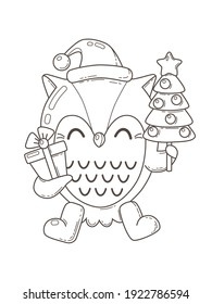 Hand drawn black outline cute little owl with christmas tree and gift box isolated on a white background. Vector monochrome illustration for post card, poster, coloring book, graphic design.
