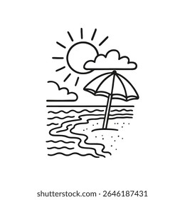 A hand drawn black outline depicts a beach with a parasol, waves, sun, and clouds. This summer doodle is minimalistic and bright, perfect for any design