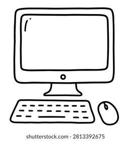 Hand drawn black outline desktop computer with a blank monitor, keyboard and mouse isolated on a white background.