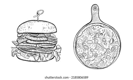 Hand drawn black outline engraved burger and pizza set. Isolated elements for label, restaurant menu, doodle illustration.