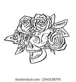 Hand drawn black outline floral human skull with rose wreath isolated on white background. Monochrome skeleton head with flowers design