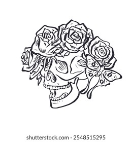 Hand drawn black outline floral human skull with rose wreath isolated on white background. Monochrome skeleton head with flowers desig