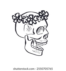 Hand drawn black outline floral human skull with wreath isolated on white background. Monochrome skeleton head with flowers design