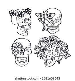 Hand drawn black outline floral human skulls with rose wreath bundle isolated on white background. Monochrome skeleton heads with flowers design set