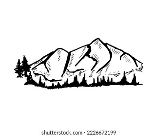 Hand drawn black outline forest mountain. Drawing mountain rough sketch vector illustration art.