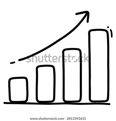 Hand drawn black outline growth chart with four rising bars and an upward arrow isolated on a white background.