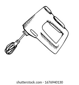 Hand drawn black outline mixer sketch isolated on a white background, vector appliance design.