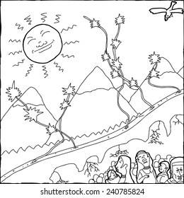Hand drawn black outline of Native American creation story