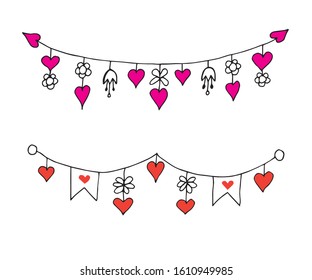 Hand drawn black outline on a white background simple vector set of festive garlands with flowers, flags, pink, red hearts for the design of cards, banners, decoration elements for Valentine's Day