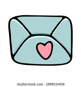 Hand drawn black outline postal envelope isolated on a white background. Cartoon funny doodle simple mail with heart element for graphic design.