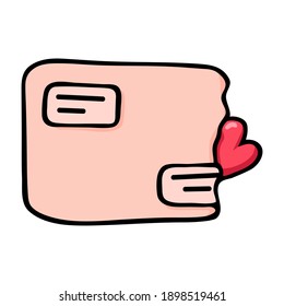 Hand drawn black outline postal envelope isolated on a white background. Cartoon funny doodle simple mail with heart element for graphic design.