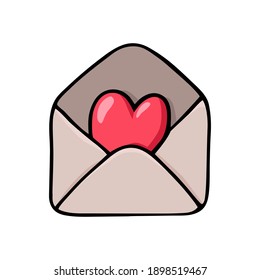 Hand drawn black outline postal envelope isolated on a white background. Cartoon funny doodle simple mail with heart element for graphic design.