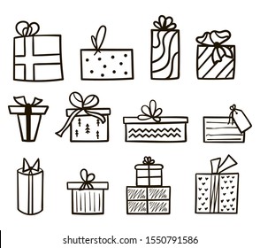 Hand drawn black outline set of christmas and new year gift boxes on the white background. Vector illustration of presents collection. Doodle icons gifts with bows in cartoon style
