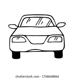 Hand Drawn Black Outline Simple Car Icon Vector Illustration Isolated On A White Bacground. Doodle Transport Image Concept.