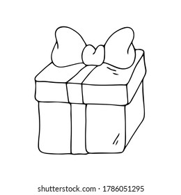 Hand drawn black outline simple doodle present vector illustration isolated on a white background. Cute girl stuff stylization.