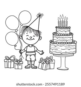 hand drawn with black outlines with a birthday theme. Can be used for coloring for children