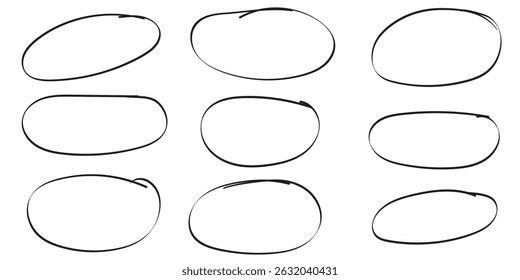Hand drawn Black ovals and circles set. Collection of nine hand drawn circles set of frames. Hand drawn circle and oval sketch frame illustration.