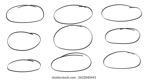 Hand drawn Black ovals and circles set. Collection of nine hand drawn circles set of frames. Hand drawn circle and oval sketch frame illustration.