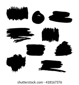 Hand drawn black paint brush strokes. Scribble stains hand drawn shapes isolated on a white background. Grungy hand drawn box. Vector design elements