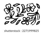 Hand drawn black paint chamomiles vector set. Ink drawing flowers and leaves in naive style, childish or primitive drawing. Black and white vector botanical illustration. Abstract blossom with stems.