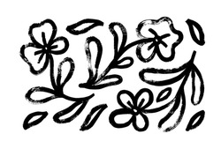 Hand Drawn Black Paint Chamomiles Vector Set. Ink Drawing Flowers And Leaves In Naive Style, Childish Or Primitive Drawing. Black And White Vector Botanical Illustration. Abstract Blossom With Stems.